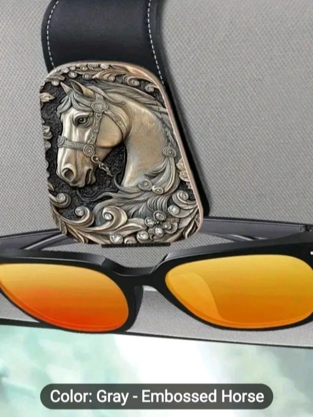 Elegant Leather Embossed Relief Equestrian Horse Head Sun Visor Clip/Card Holder